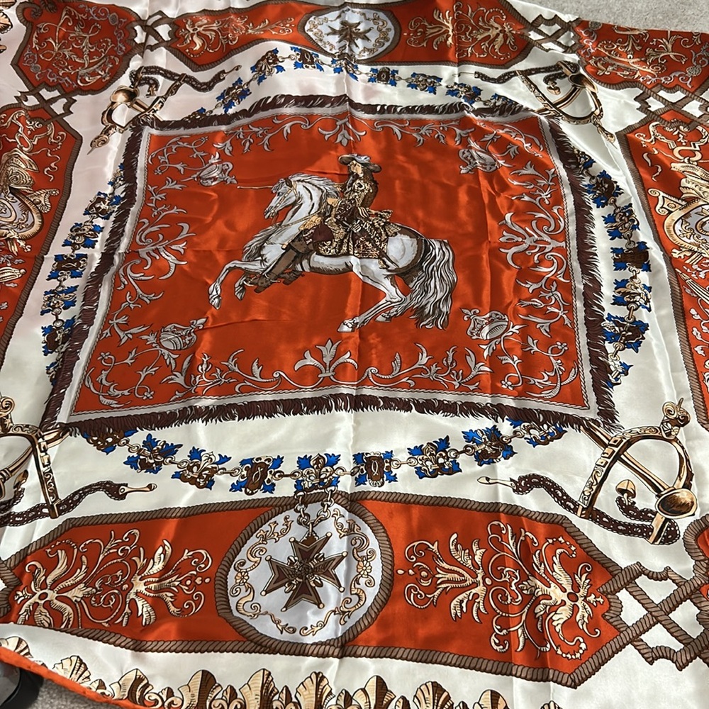 Orange Scarf in Silk with Equestrian Design